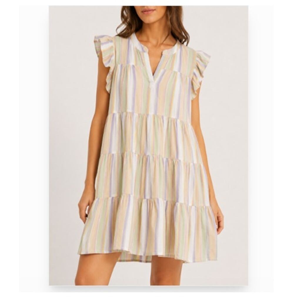 Roller Rabbit Darrel Stripe Pippa Dress Womens L Pastel Stripe Flutter Sleeve